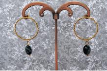 Boucles d'oreilles clous acier doré et pierre semi précieuse Obsidienne Flocon de neige